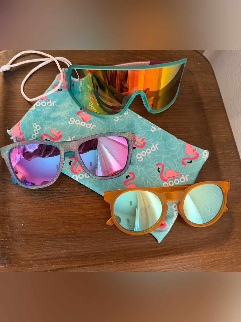 3 Pairs Goodr Mirrored Sunglasses Trio - Teal, Glitter Purple, Amber Frames